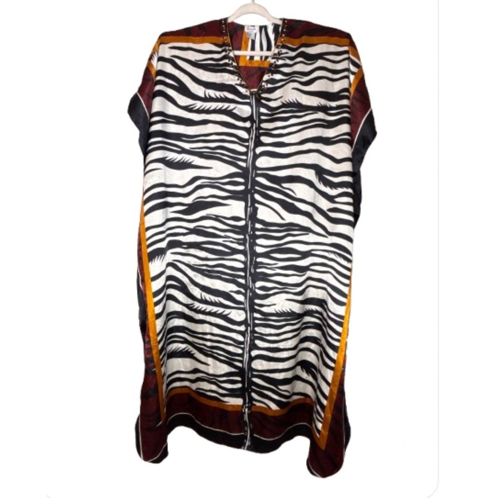 Santé Classics‎ White Tiger Zebra Caftan One Size Black Gold Vtg Beaded V Neck